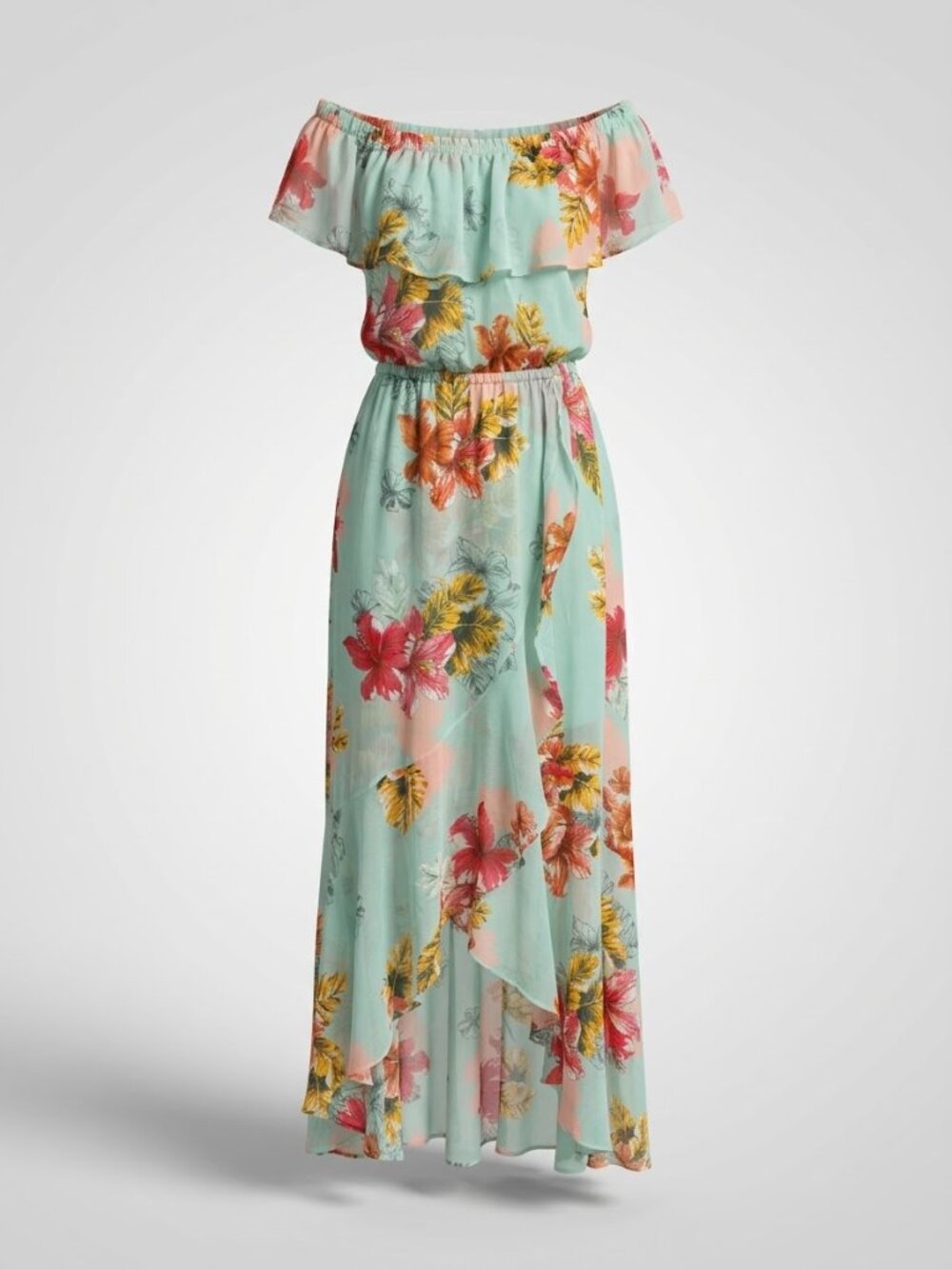 Aqua Blue Floral Off-shoulder Ruffled Neckline Maxi Dress, Express Size M